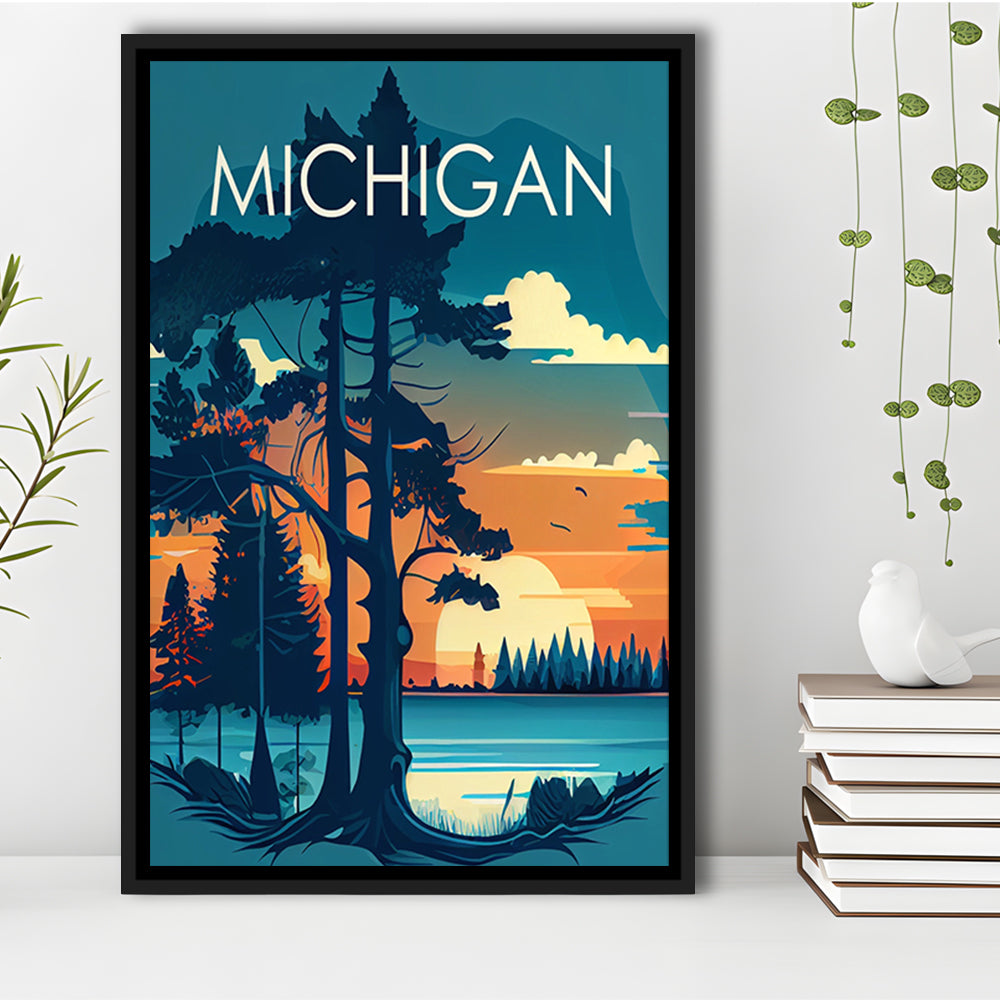 Michigan Retro Art Print, Michigan City Wall Art, Floating Framed Canvas Print, Framed Picture, Painting Canvas