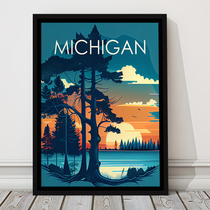 Michigan Retro Art Print, Michigan City Wall Art, Floating Framed Canvas Print, Framed Picture, Painting Canvas