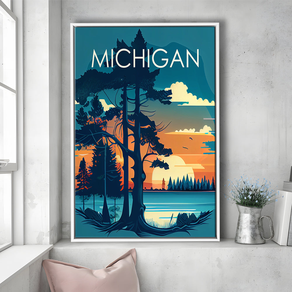 Michigan Retro Art Print, Michigan City Wall Art, Floating Framed Canvas Print, Framed Picture, Painting Canvas