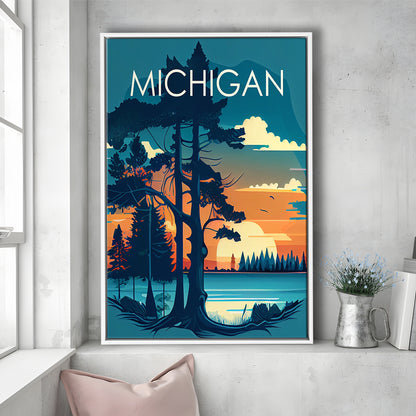 Michigan Retro Art Print, Michigan City Wall Art, Floating Framed Canvas Print, Framed Picture, Painting Canvas