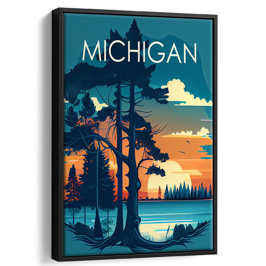 Michigan Retro Art Print, Michigan City Wall Art, Floating Framed Canvas Print, Framed Picture, Painting Canvas