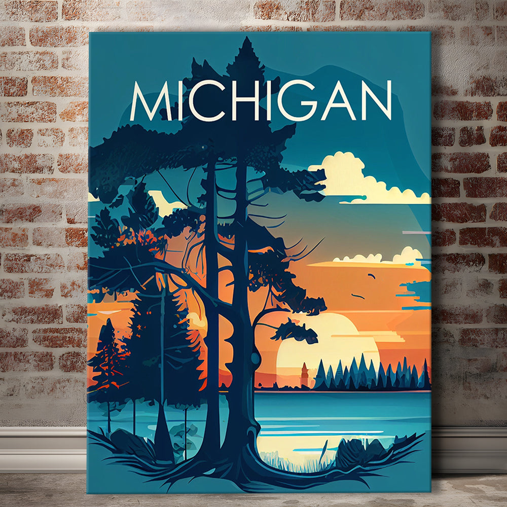 Michigan Retro Art Print, Michigan City Wall Art, Canvas Print, Painting Canvas, Living Room Decor