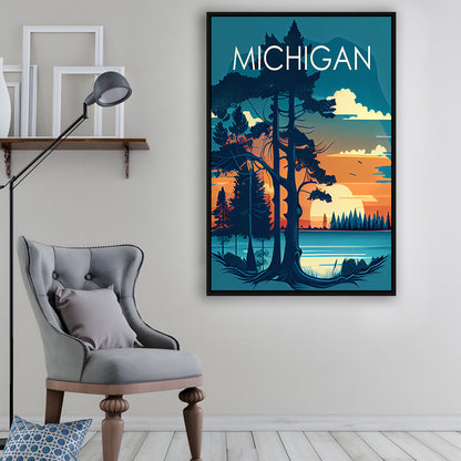Michigan Retro Art Print, Michigan City Wall Art, Floating Framed Canvas Print, Framed Picture, Painting Canvas