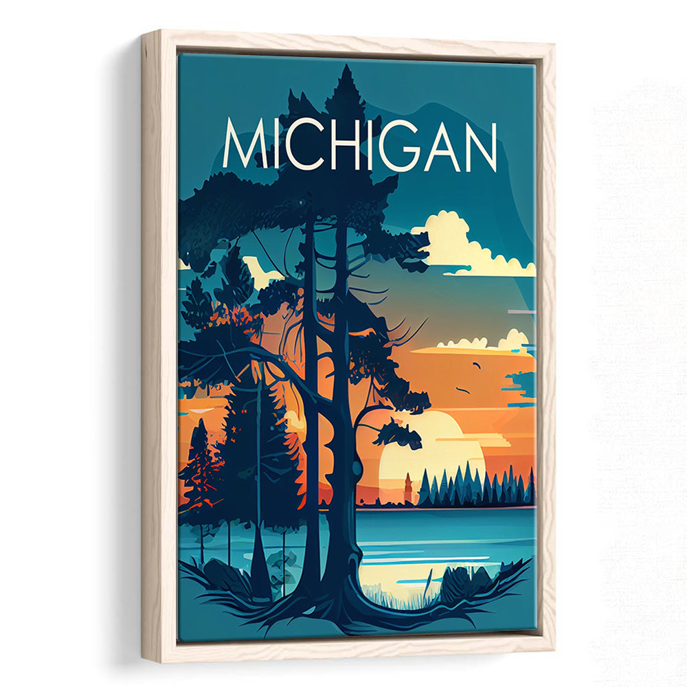 Michigan Retro Art Print, Michigan City Wall Art, Floating Framed Canvas Print, Framed Picture, Painting Canvas
