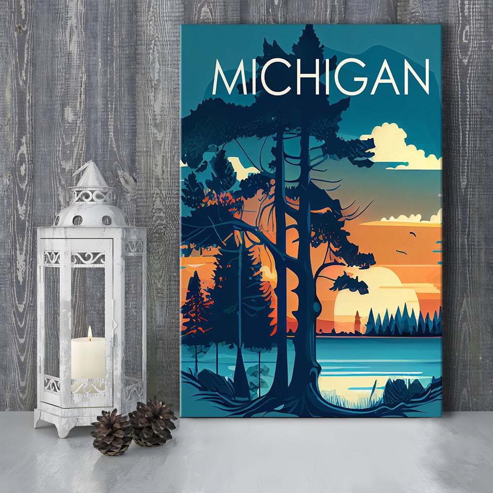 Michigan Retro Art Print, Michigan City Wall Art, Canvas Print, Painting Canvas, Living Room Decor