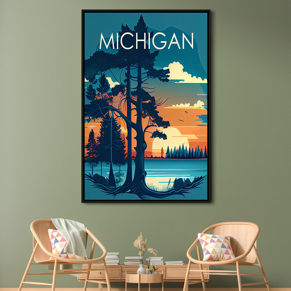 Michigan Retro Art Print, Michigan City Wall Art, Floating Framed Canvas Print, Framed Picture, Painting Canvas