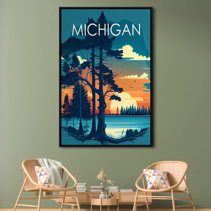 Michigan Retro Art Print, Michigan City Wall Art, Floating Framed Canvas Print, Framed Picture, Painting Canvas