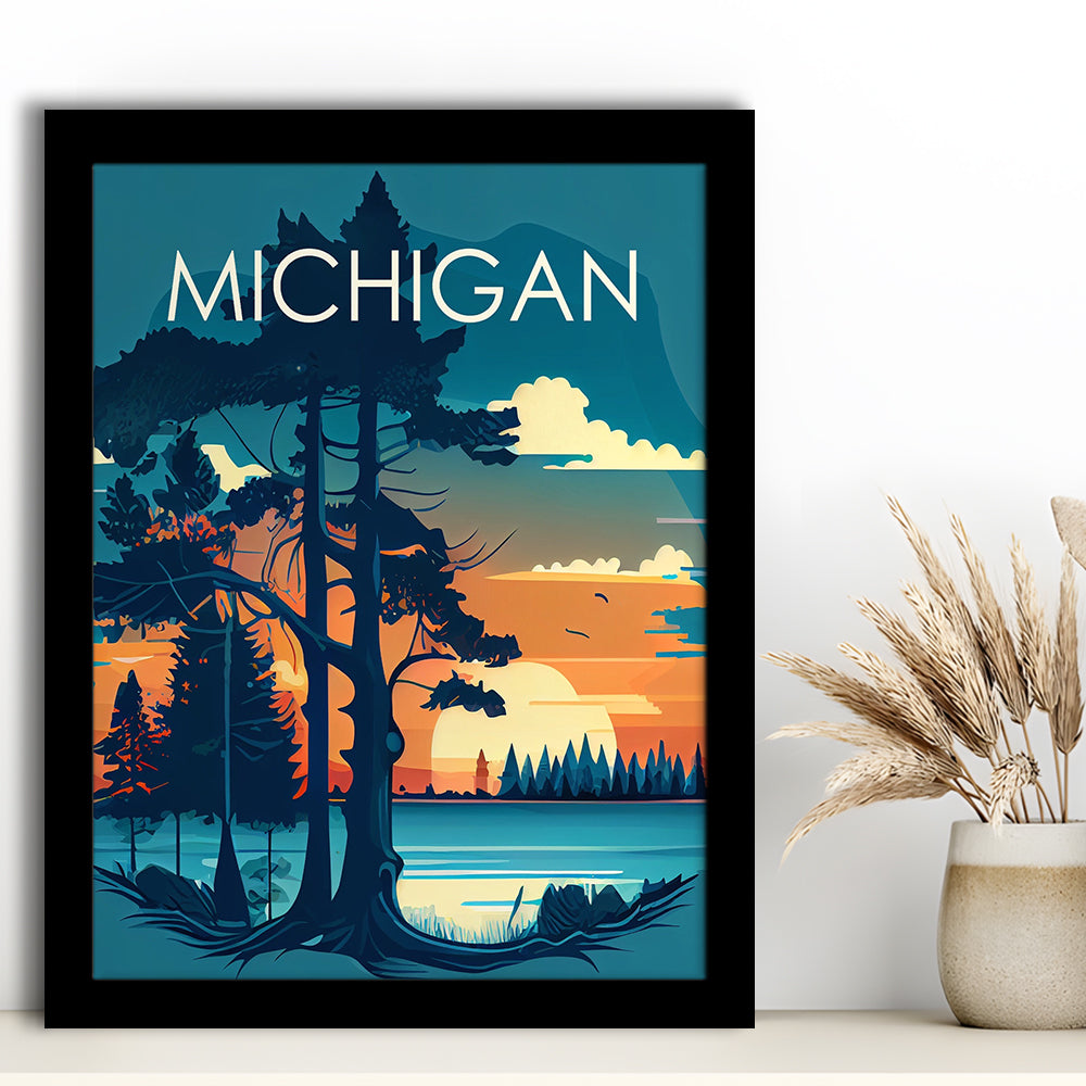 Michigan Retro Art Print, Michigan City Wall Art, Framed Art Print, Picture Framed, Painting Art