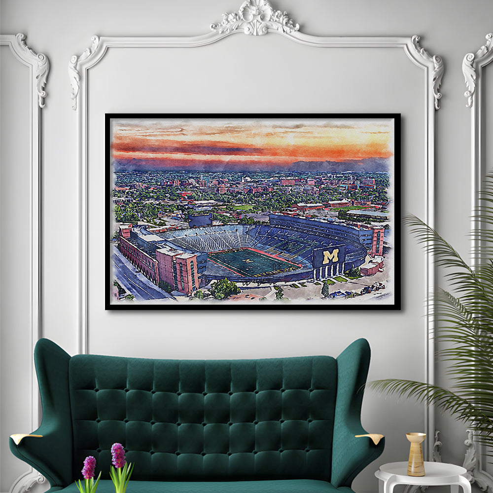 Michigan Wolverines, Michigan Painting Stadium Watercolor, Sport Gift Art, Framed Art Print Wall Decor