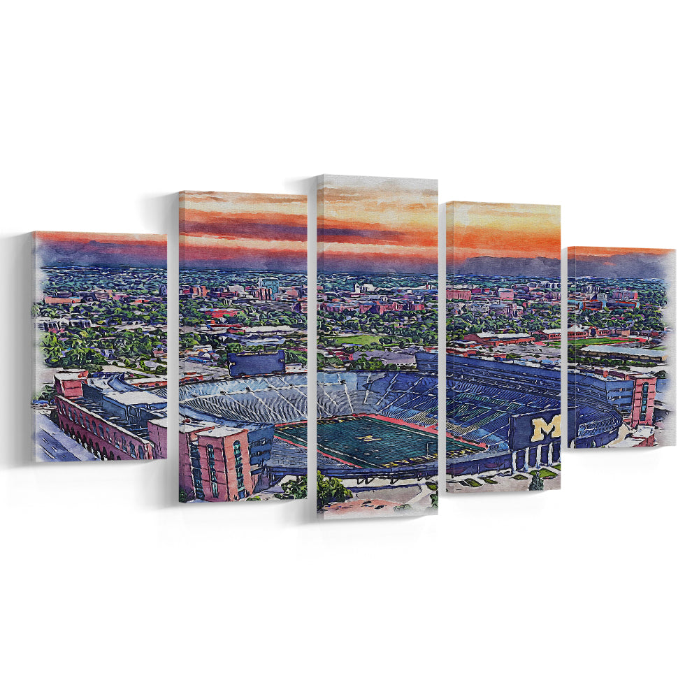 Michigan Wolverines, Michigan Painting Stadium Watercolor, Sport Art, Mixed 5 Panel, Canvas Print Wall Art