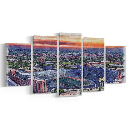 Michigan Wolverines, Michigan Painting Stadium Watercolor, Sport Art, Mixed 5 Panel, Canvas Print Wall Art
