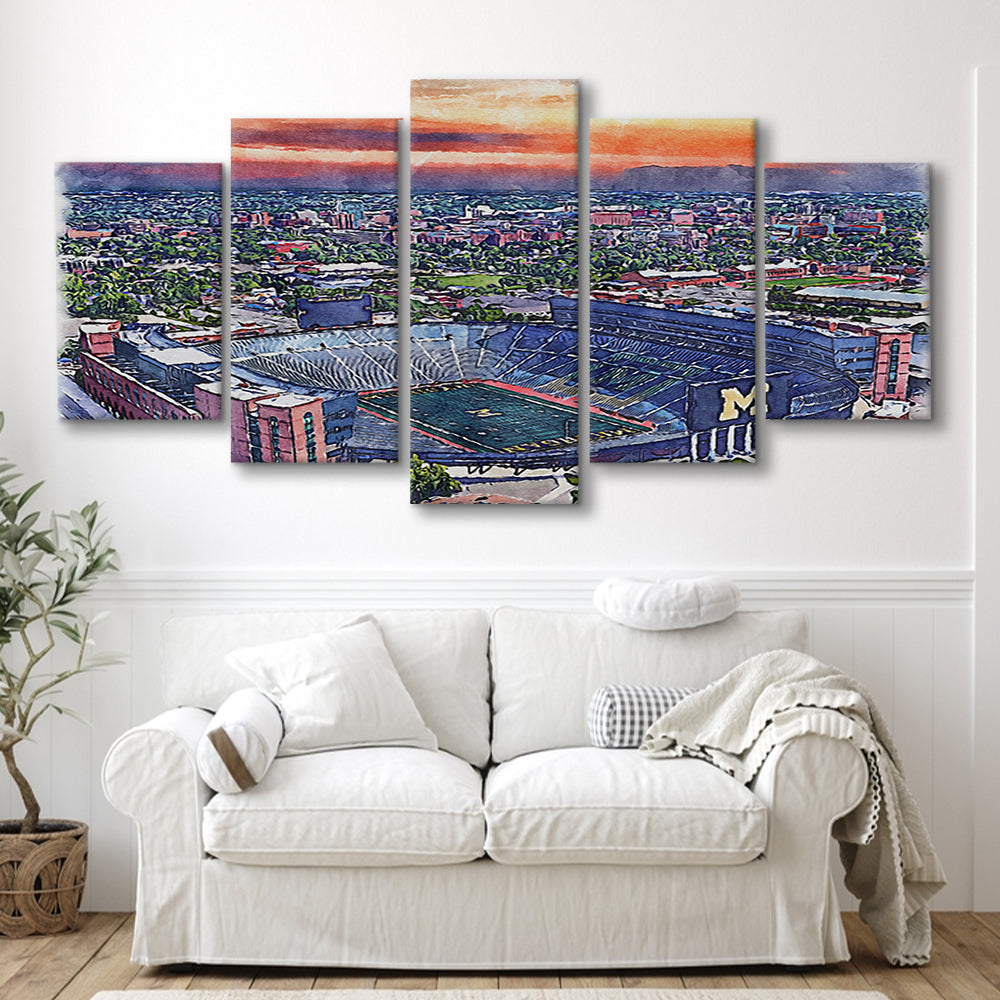 Michigan Wolverines, Michigan Painting Stadium Watercolor, Sport Art, Mixed 5 Panel, Canvas Print Wall Art