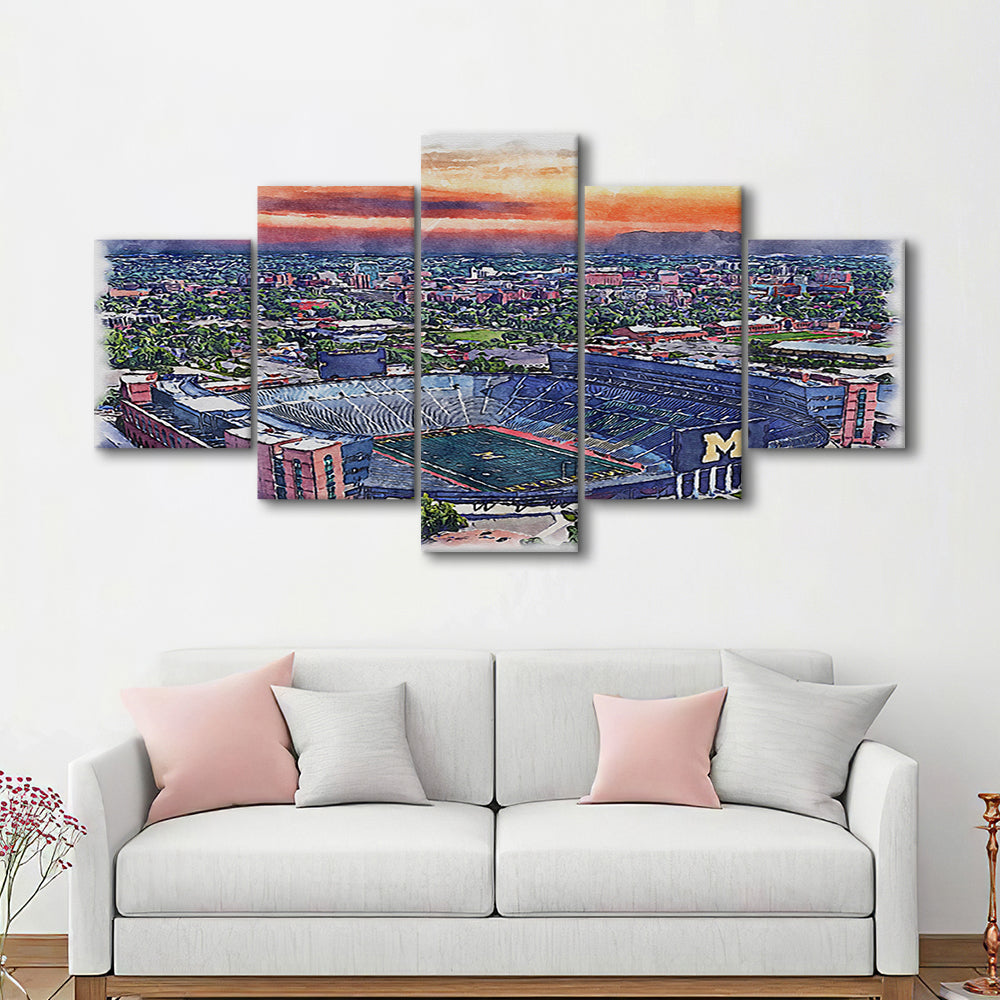 Michigan Wolverines, Michigan Painting Stadium Watercolor, Sport Art, Mixed 5 Panel, Canvas Print Wall Art