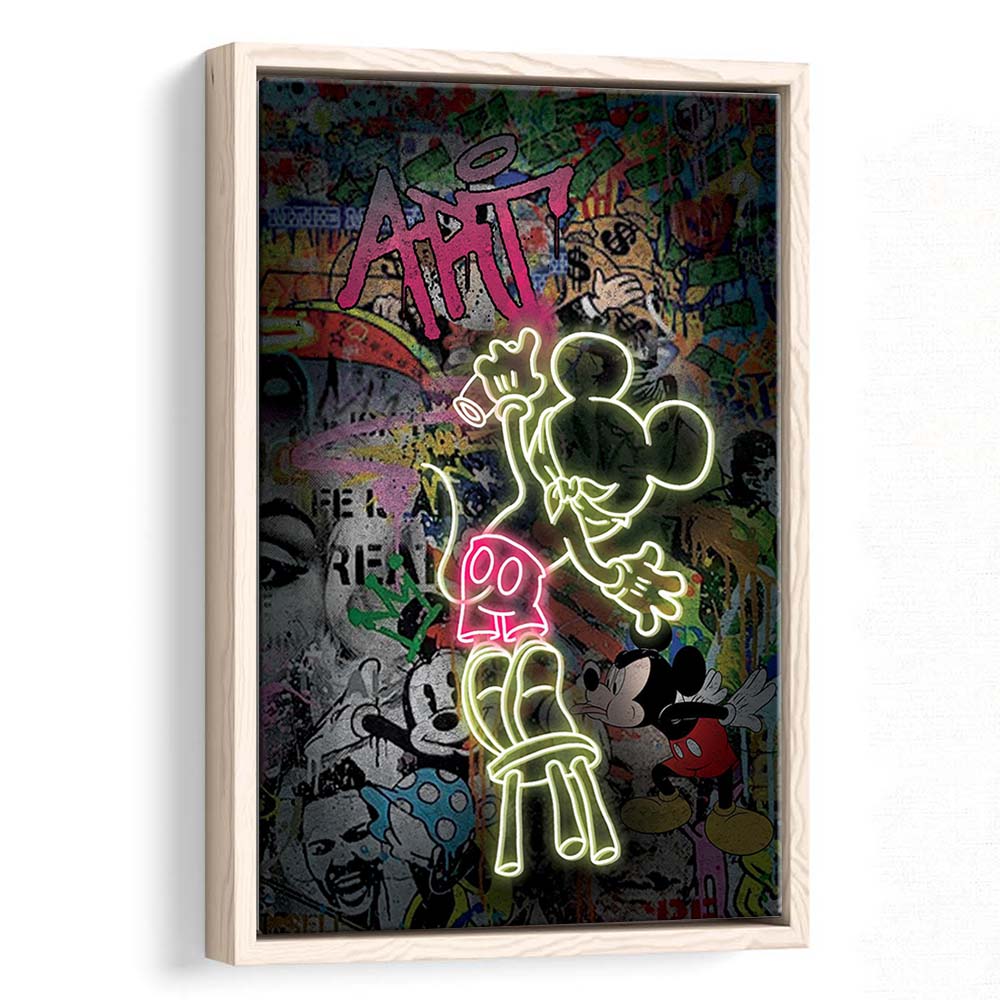 Mickey Artist, Neon Sign Effect, Framed Canvas Print, Floating Frame, Luxury Wall Art Decor