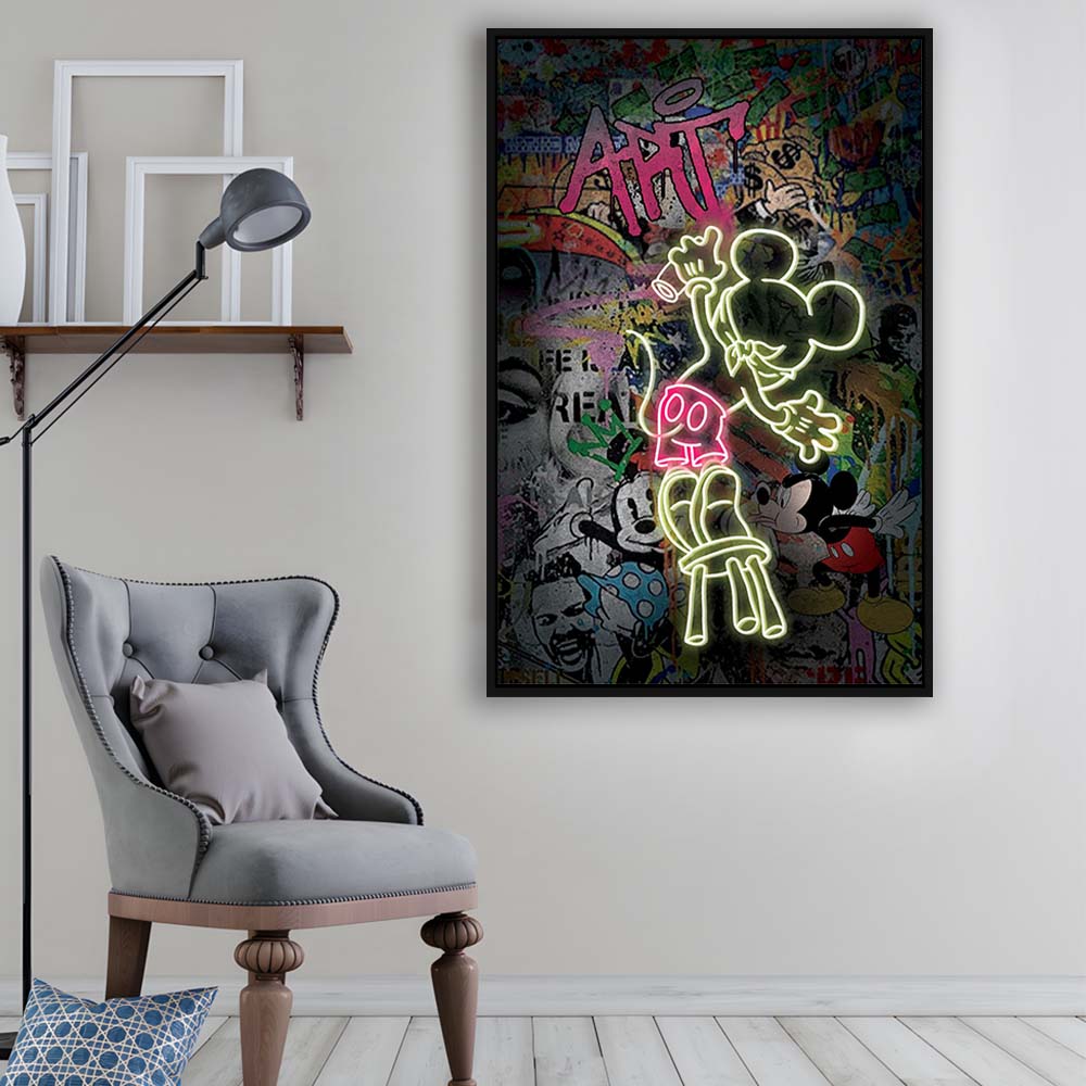 Mickey Artist, Neon Sign Effect, Framed Canvas Print, Floating Frame, Luxury Wall Art Decor