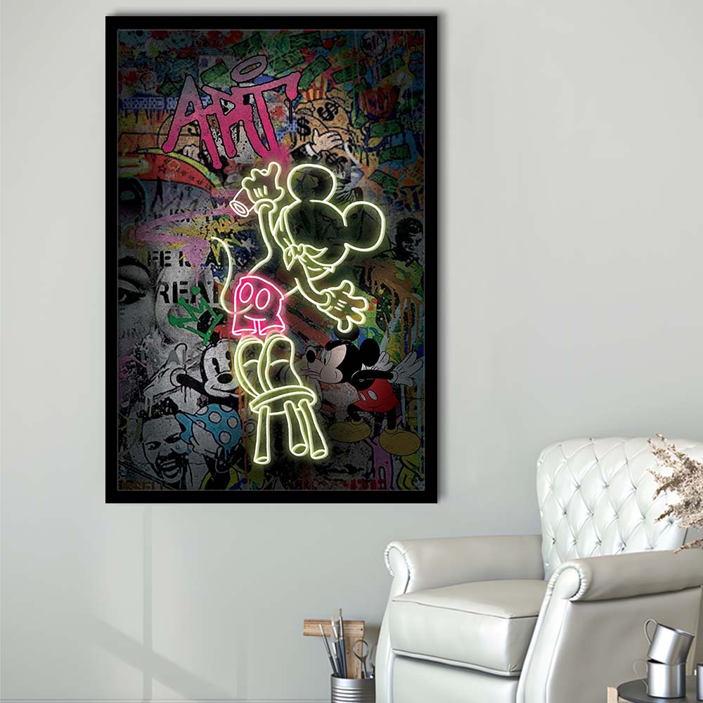 Mickey Artist, Neon Sign Effect, Framed Art Print, Picture Framed Wall Art Decor