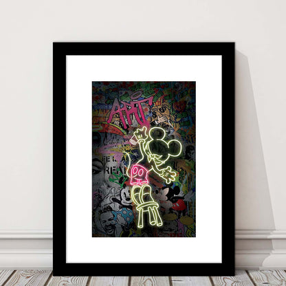 Mickey Artist, Neon Sign Effect, Framed Art Print, Luxury Pictures Framed, White Border
