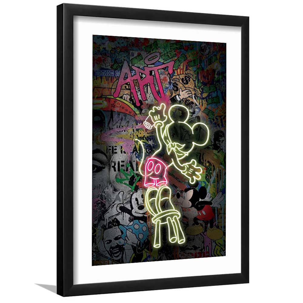 Mickey Artist, Neon Sign Effect, Framed Art Print, Luxury Pictures Framed, White Border