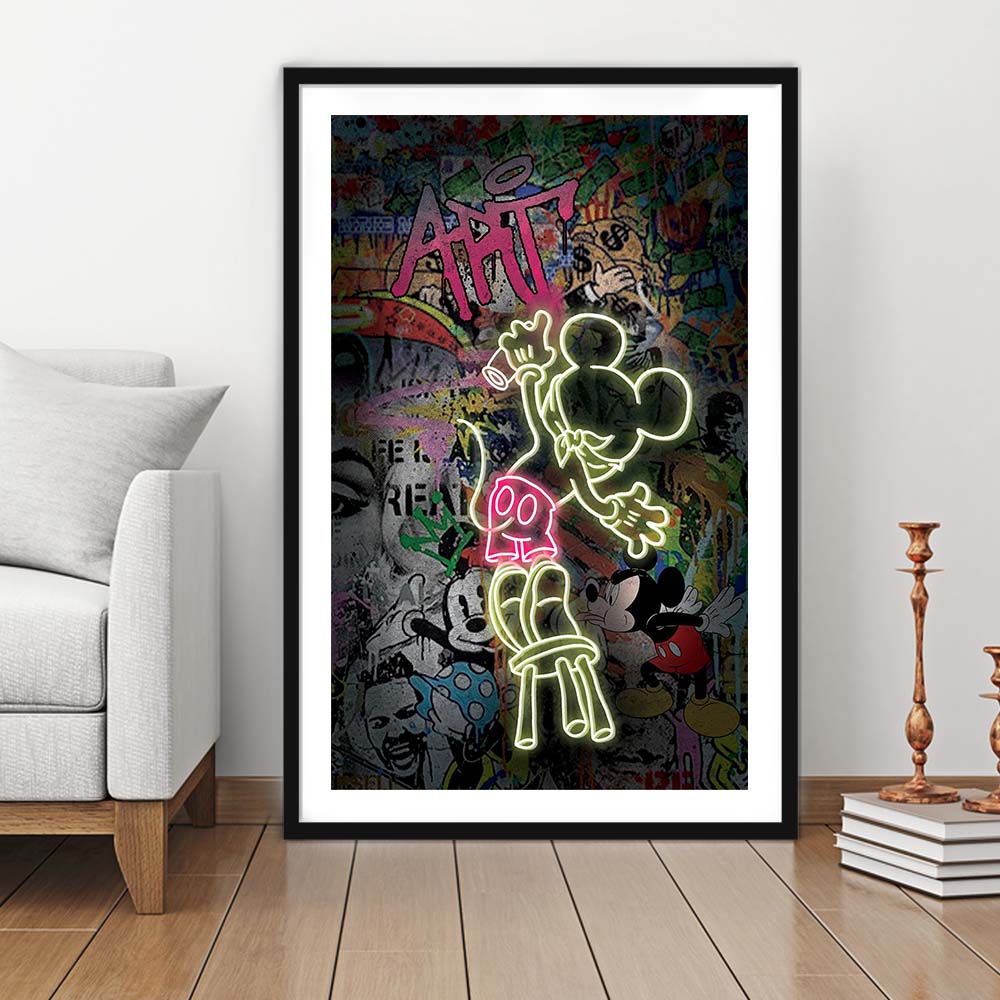 Mickey Artist, Neon Sign Effect, Framed Art Print, Luxury Pictures Framed, White Border