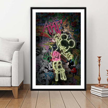 Mickey Artist, Neon Sign Effect, Framed Art Print, Luxury Pictures Framed, White Border
