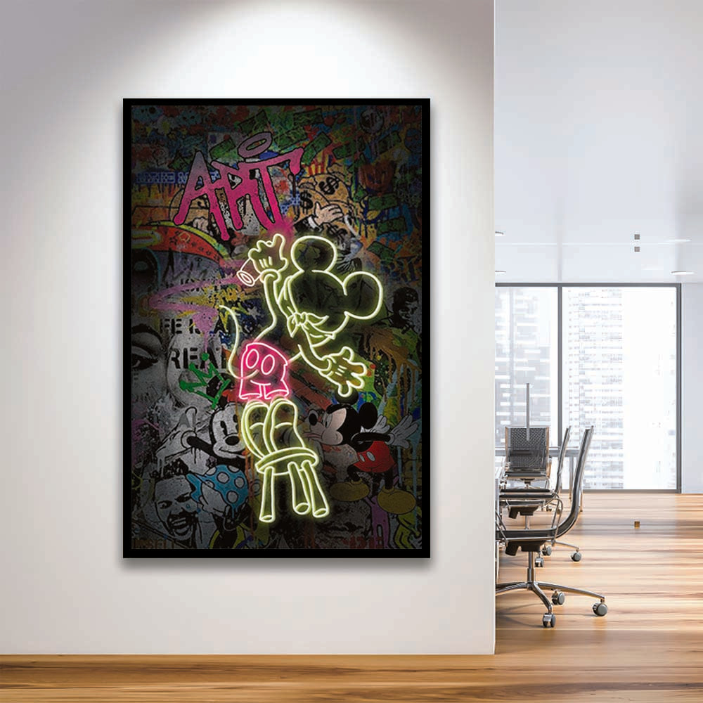 Mickey Artist, Neon Sign Effect, Framed Art Print, Picture Framed Wall Art Decor