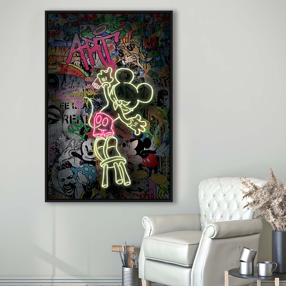 Mickey Artist, Neon Sign Effect, Framed Canvas Print, Floating Frame, Luxury Wall Art Decor