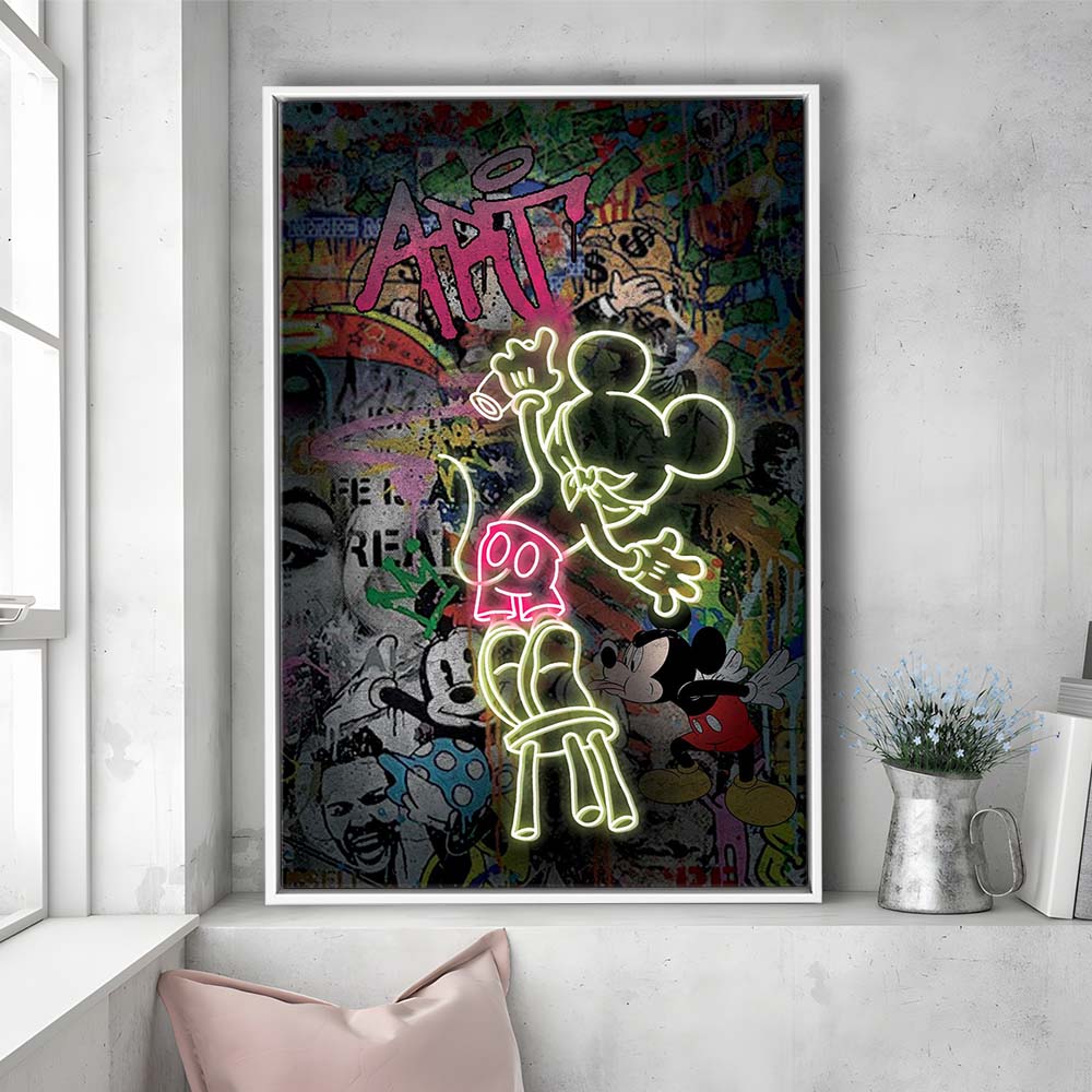 Mickey Artist, Neon Sign Effect, Framed Canvas Print, Floating Frame, Luxury Wall Art Decor