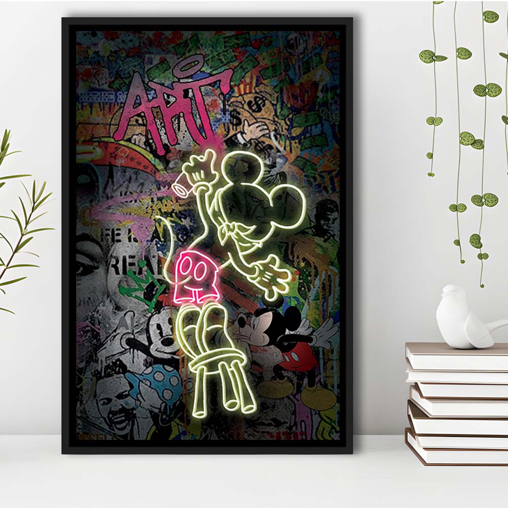 Mickey Artist, Neon Sign Effect, Framed Canvas Print, Floating Frame, Luxury Wall Art Decor