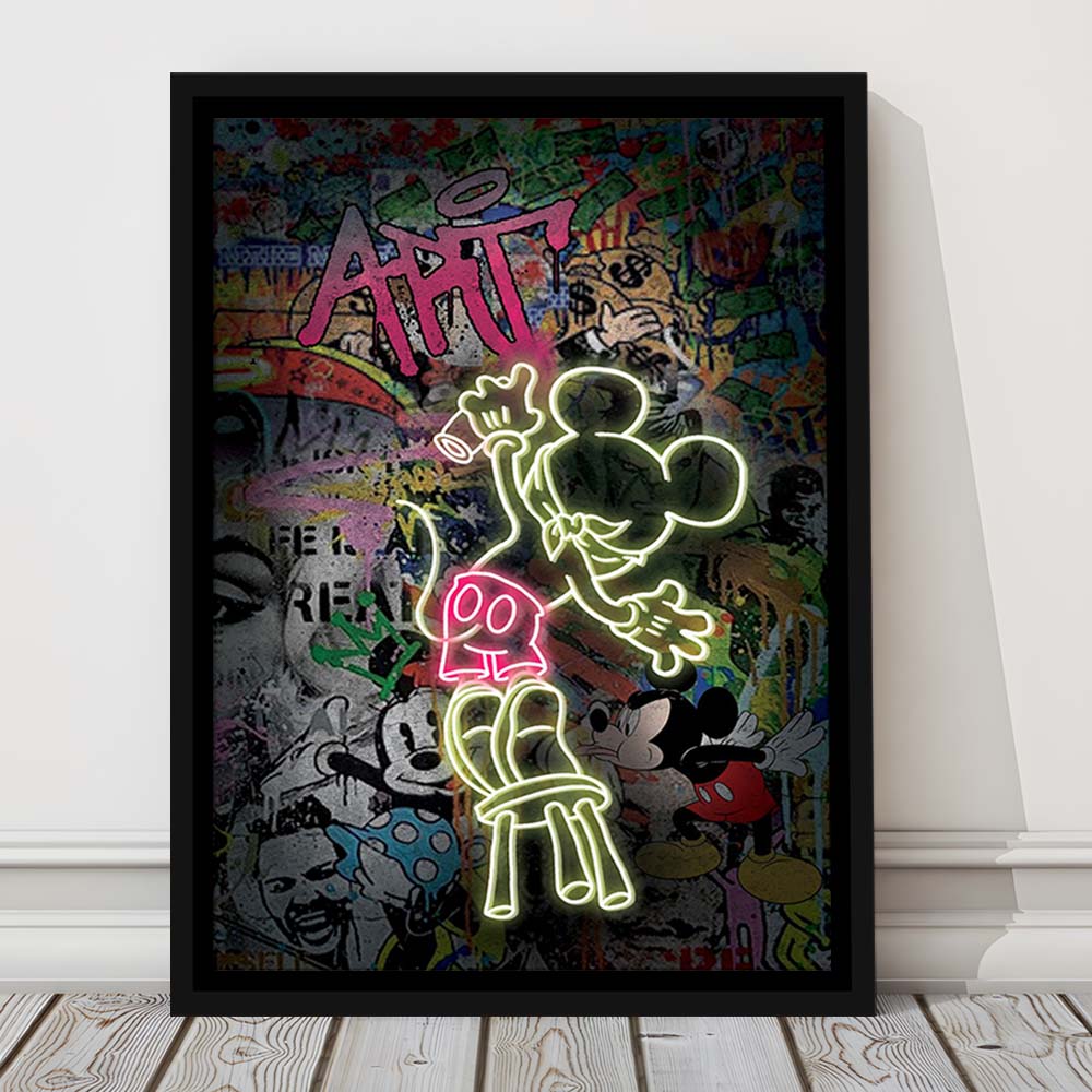 Mickey Artist, Neon Sign Effect, Framed Canvas Print, Floating Frame, Luxury Wall Art Decor