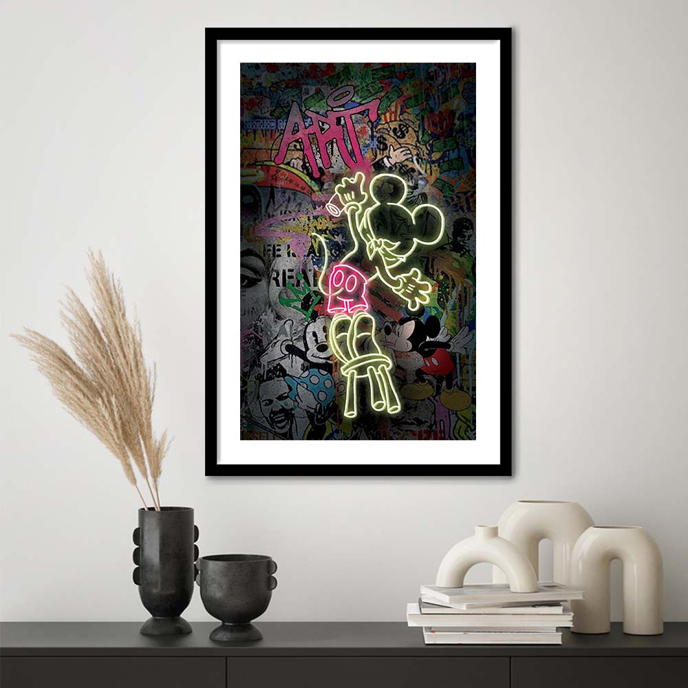 Mickey Artist, Neon Sign Effect, Framed Art Print, Luxury Pictures Framed, White Border