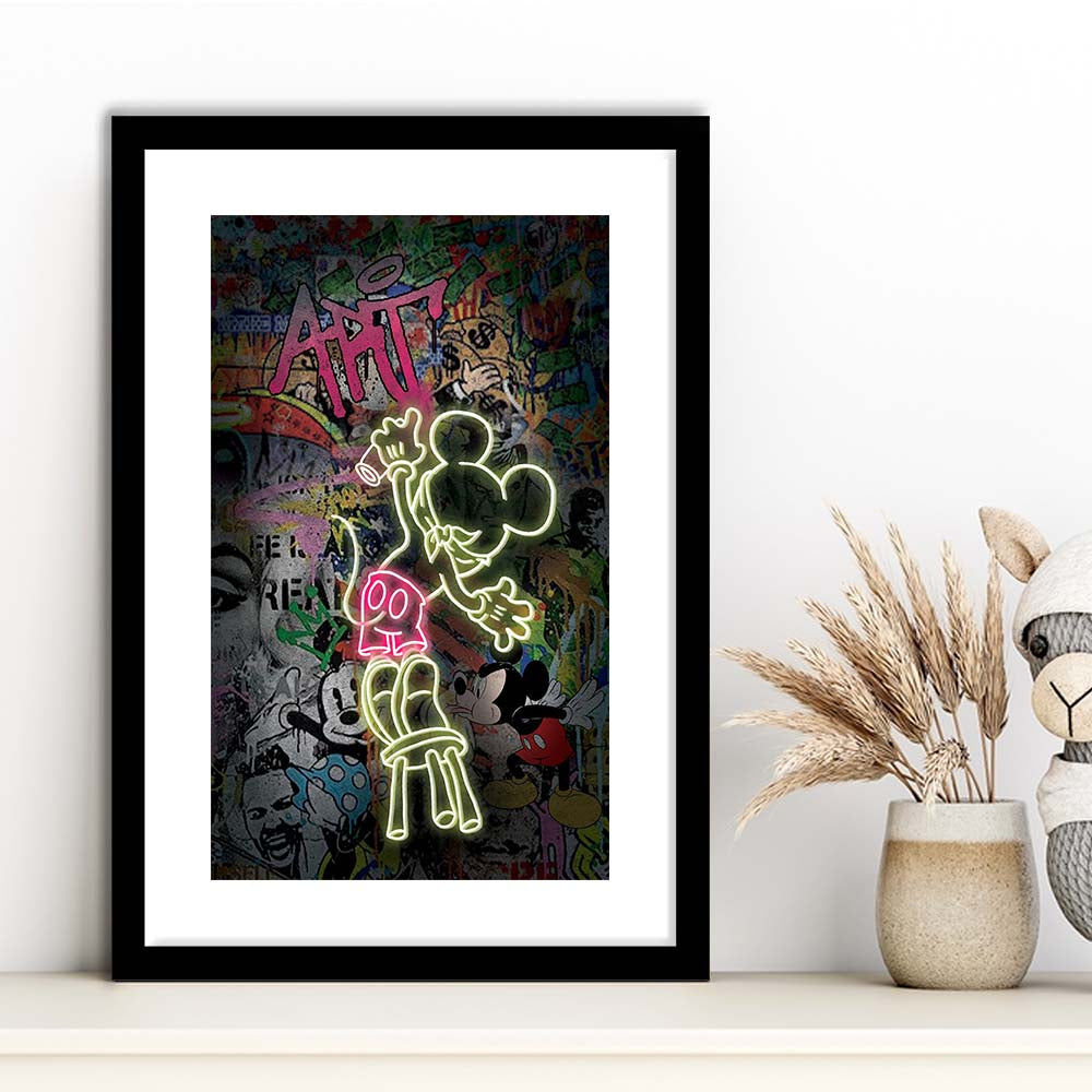 Mickey Artist, Neon Sign Effect, Framed Art Print, Luxury Pictures Framed, White Border
