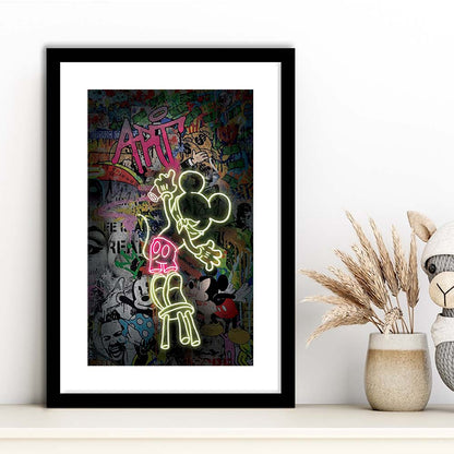 Mickey Artist, Neon Sign Effect, Framed Art Print, Luxury Pictures Framed, White Border