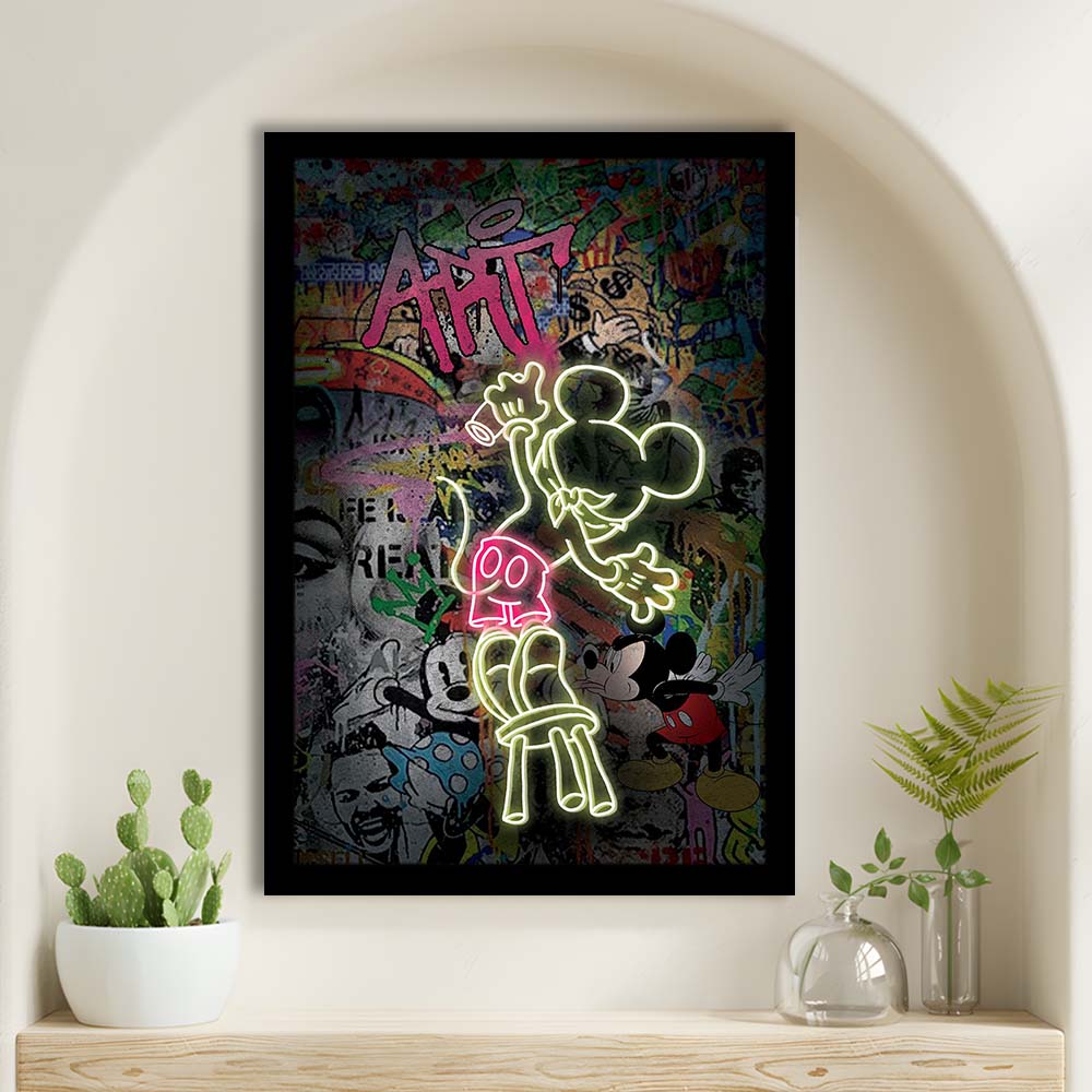 Mickey Artist, Neon Sign Effect, Framed Art Print, Picture Framed Wall Art Decor