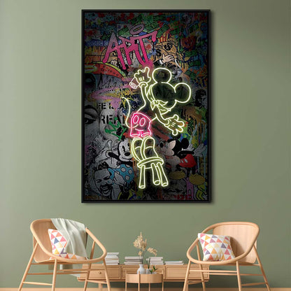 Mickey Artist, Neon Sign Effect, Framed Canvas Print, Floating Frame, Luxury Wall Art Decor