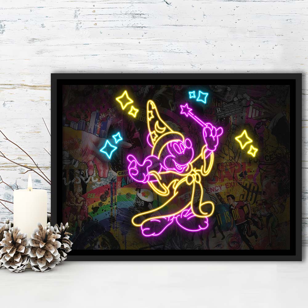 Mickey Magical Neon Signs Art Print, Framed Canvas Print Wall Art Decor, Floating Frame, Neon Effect Art