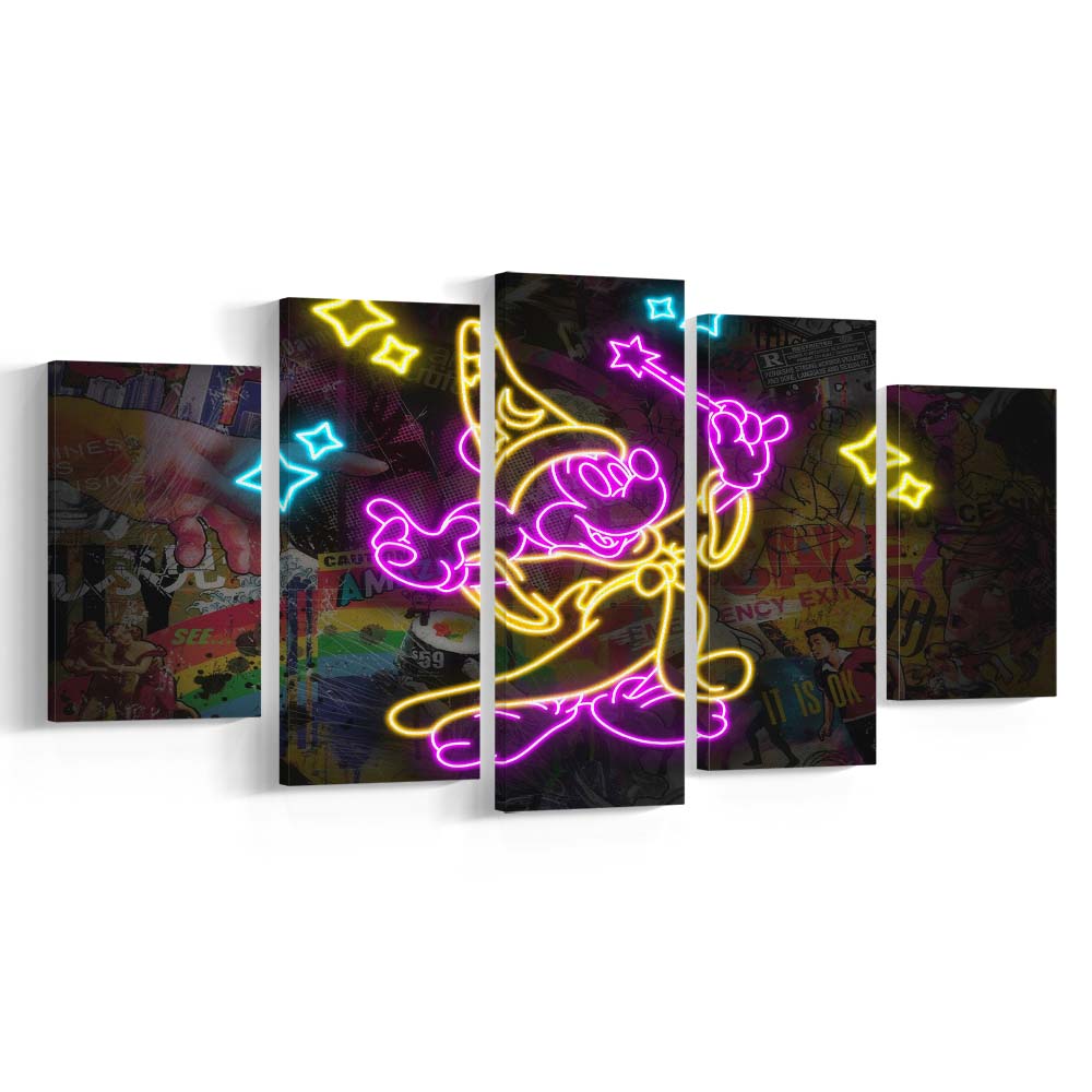 Mickey Magical Neon Signs Art Print, 5 Panel Mixed Canvas Print Wall Art, Home Decor, Neon Canvas