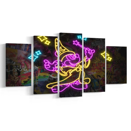 Mickey Magical Neon Signs Art Print, 5 Panel Mixed Canvas Print Wall Art, Home Decor, Neon Canvas
