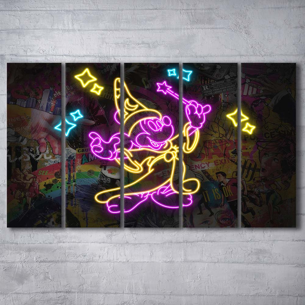 Mickey Magical Neon Signs Art Print, Extra Large 5 Panels Multi Canvas Print Wall Art, Home Decor