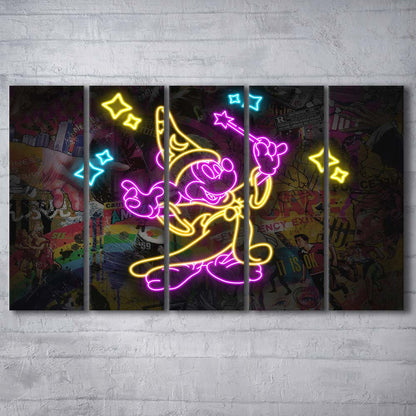 Mickey Magical Neon Signs Art Print, Extra Large 5 Panels Multi Canvas Print Wall Art, Home Decor