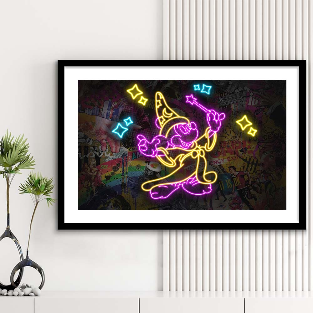 Mickey Magical Neon Signs Art Print, Framed Art Print Wall Decor, White Border, Framed Picture