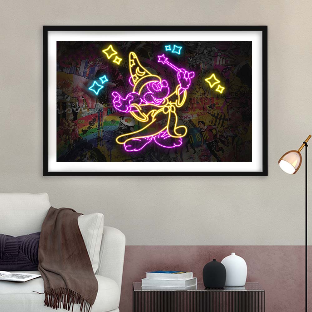 Mickey Magical Neon Signs Art Print, Framed Art Print Wall Decor, White Border, Framed Picture