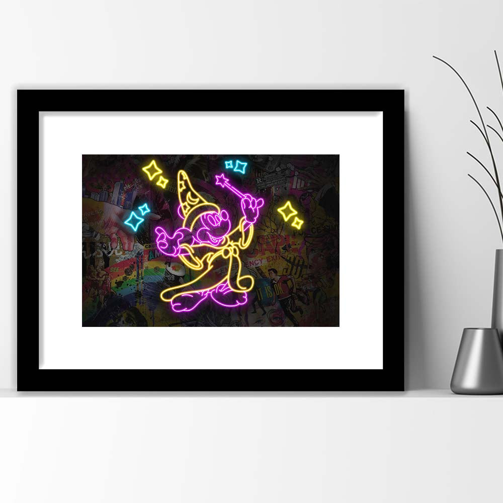 Mickey Magical Neon Signs Art Print, Framed Art Print Wall Decor, White Border, Framed Picture