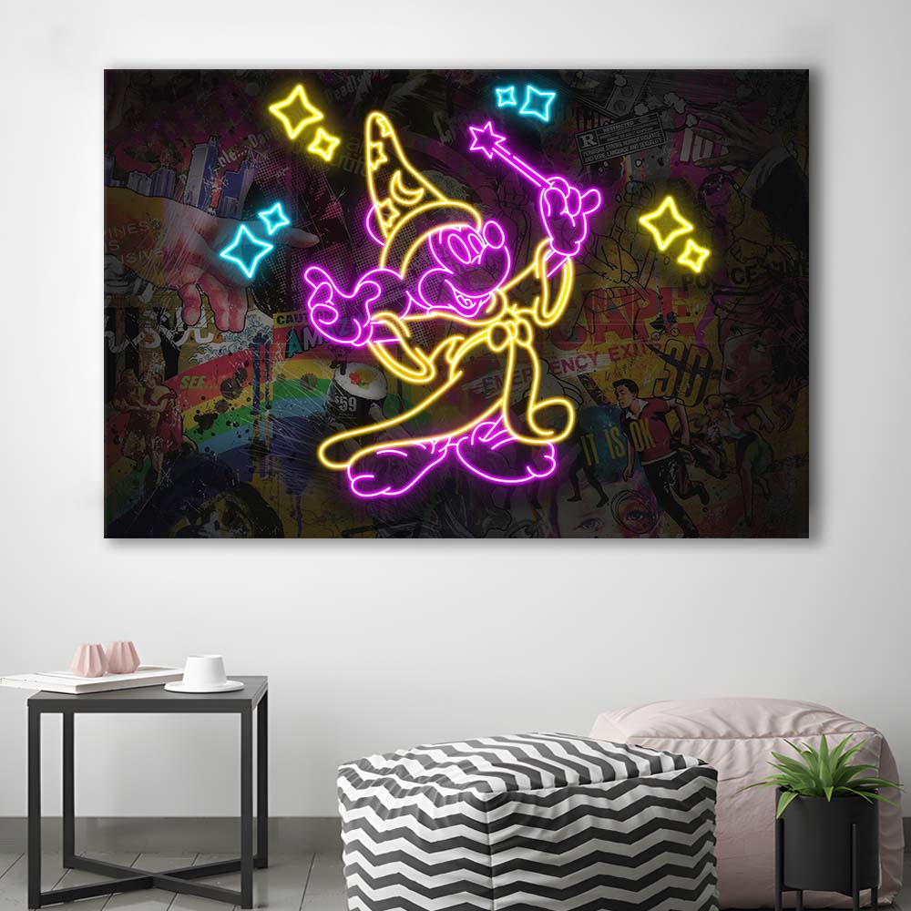 Mickey Magical Neon Signs Art Print, Canvas Print Wall Art, Wall Decor, Neon Effect Art