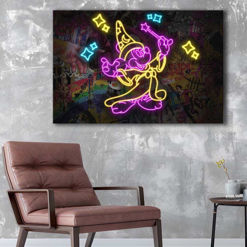 Mickey Magical Neon Signs Art Print, Canvas Print Wall Art, Wall Decor, Neon Effect Art