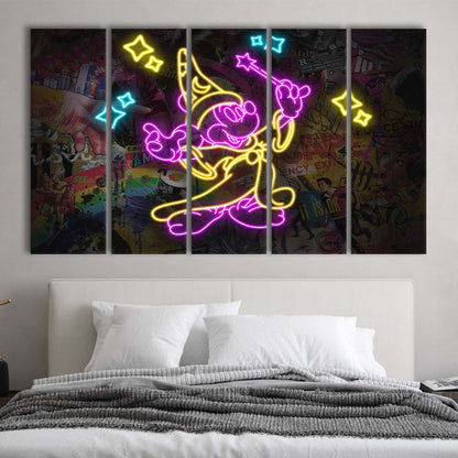 Mickey Magical Neon Signs Art Print, Extra Large 5 Panels Multi Canvas Print Wall Art, Home Decor
