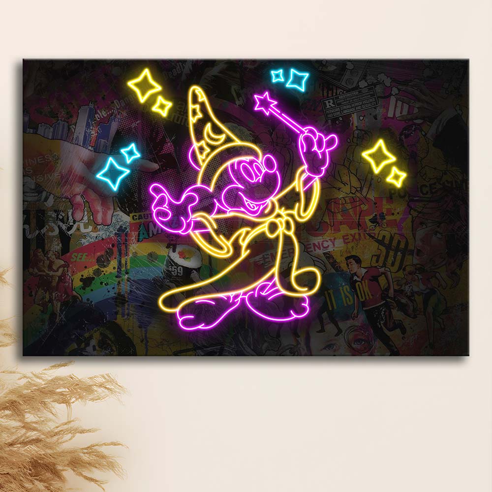 Mickey Magical Neon Signs Art Print, Canvas Print Wall Art, Wall Decor, Neon Effect Art