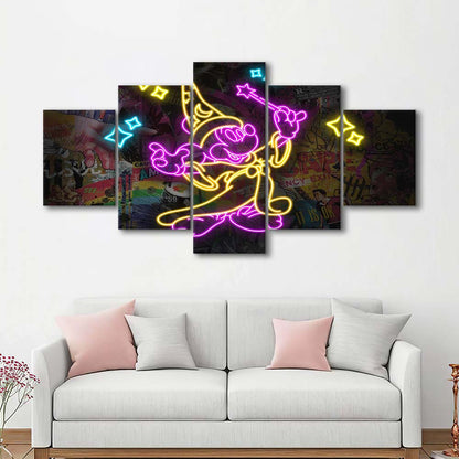 Mickey Magical Neon Signs Art Print, 5 Panel Mixed Canvas Print Wall Art, Home Decor, Neon Canvas