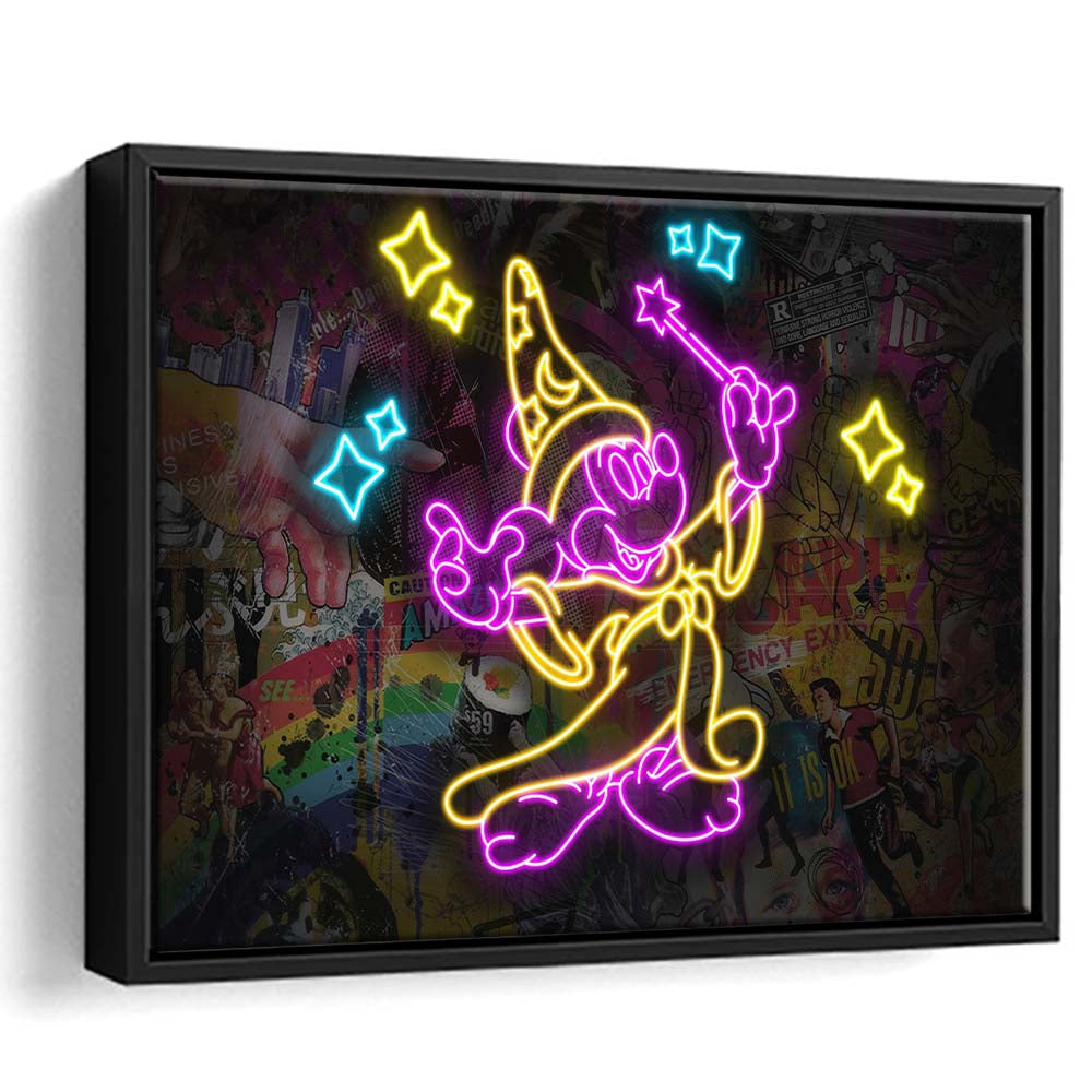 Mickey Magical Neon Signs Art Print, Framed Canvas Print Wall Art Decor, Floating Frame, Neon Effect Art