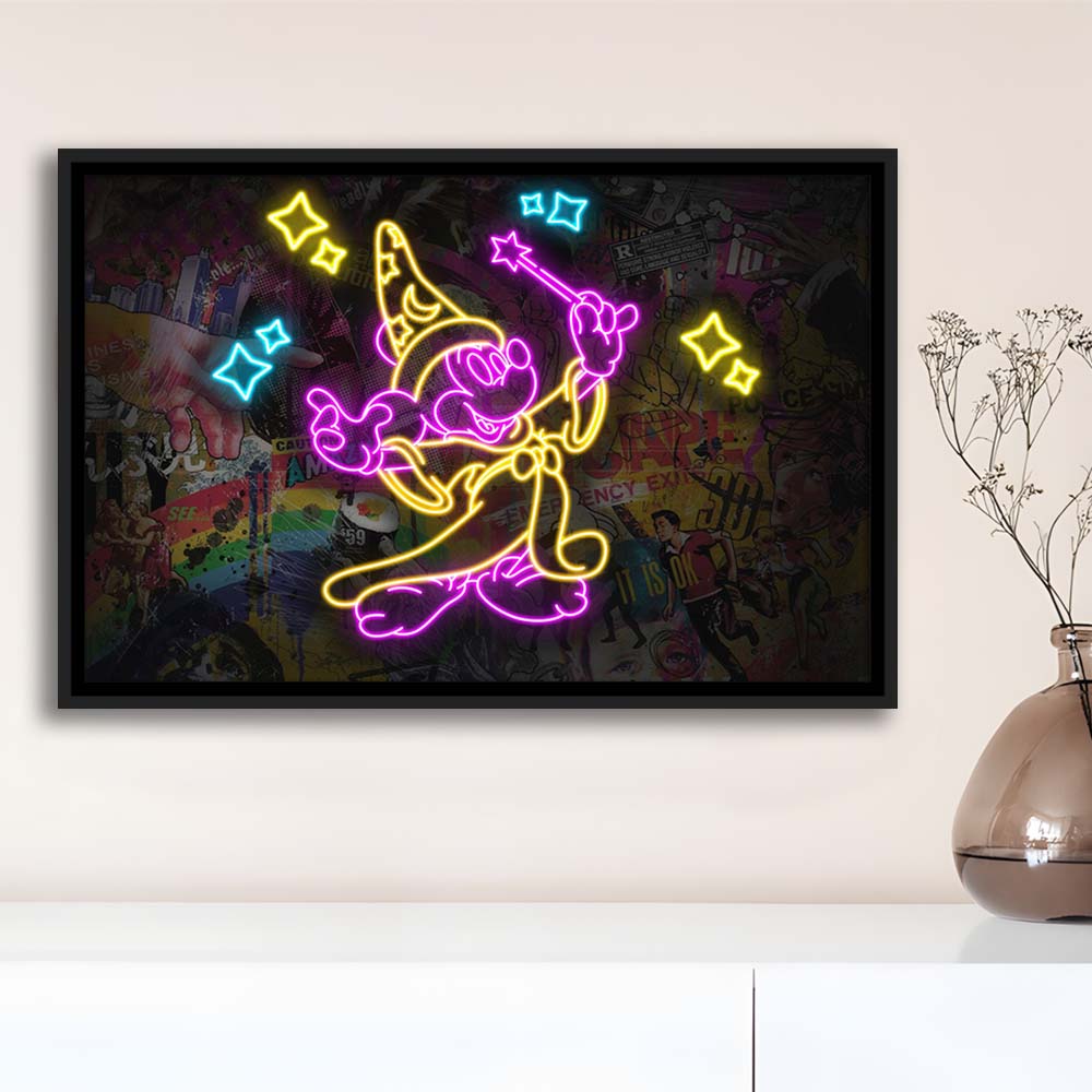 Mickey Magical Neon Signs Art Print, Framed Canvas Print Wall Art Decor, Floating Frame, Neon Effect Art