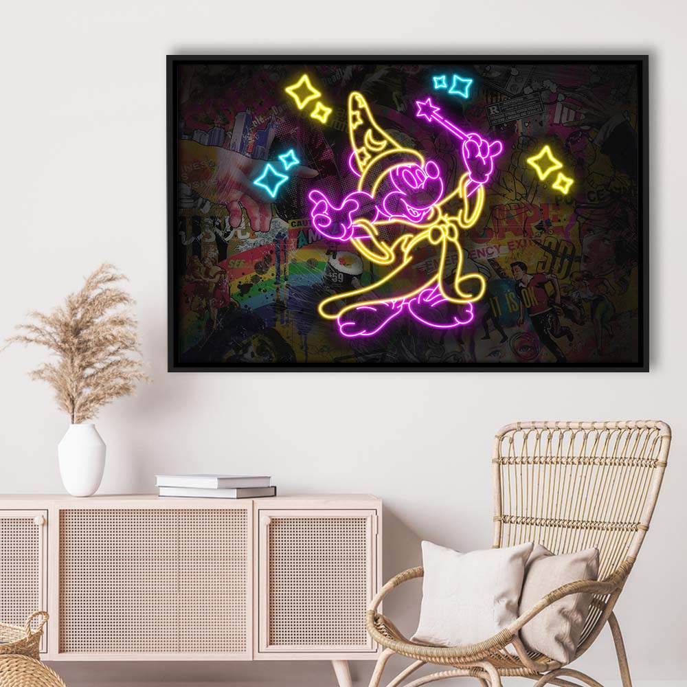 Mickey Magical Neon Signs Art Print, Framed Canvas Print Wall Art Decor, Floating Frame, Neon Effect Art